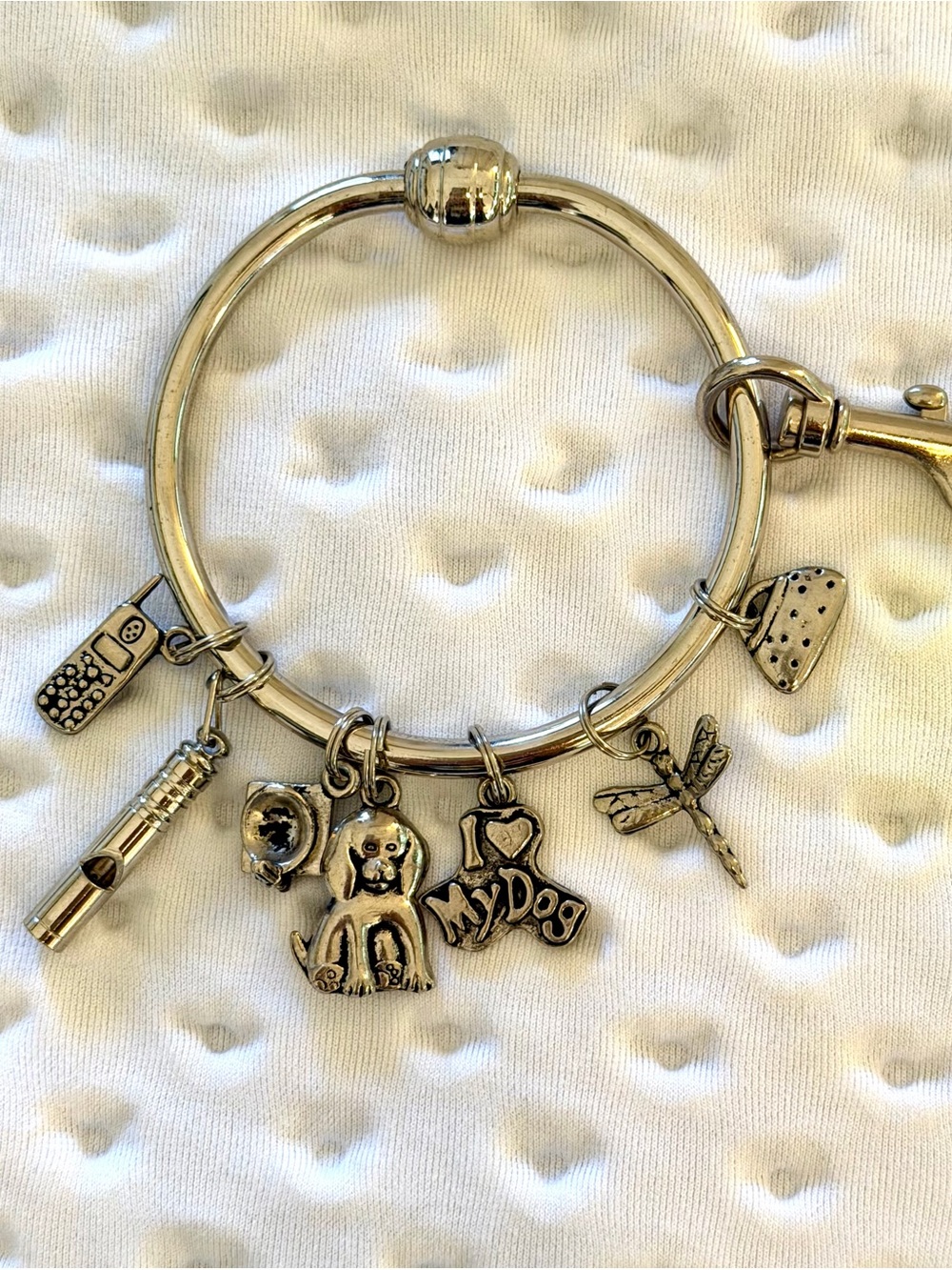 GANZ Silver-Tone Dog Charm Bangle Key ring Bracelet